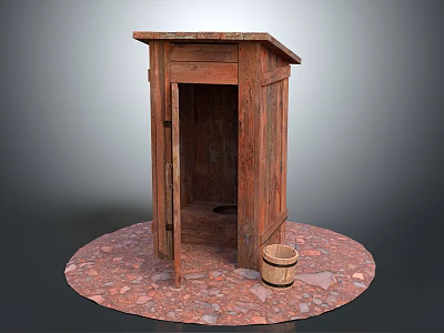 Old Wooden Outhouse with Open Door and Wooden Bucket on Red Gravel Ground 3d model