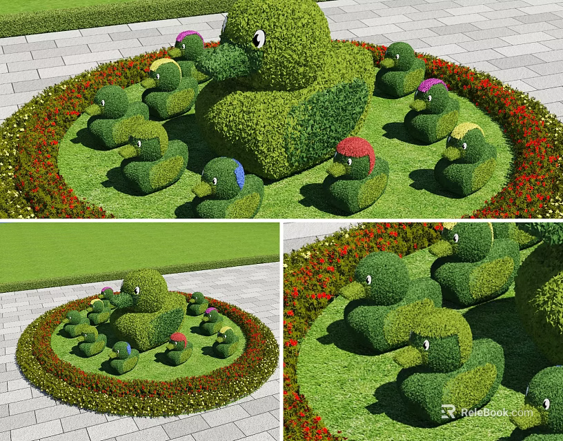 Duck Shaped Shrubs With Small Duck Figures Surrounded By Red Flowers In Garden 3d model 