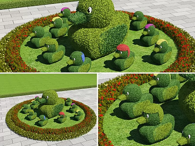 Duck Shaped Shrubs With Small Duck Figures Surrounded By Red Flowers In Garden 3d model