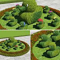Duck Shaped Shrubs With Small Duck Figures Surrounded By Red Flowers In Garden