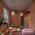 Cozy Relaxation Space With Terracotta Walls Green Window Hanging Lanterns And Colorful Floor Cushions