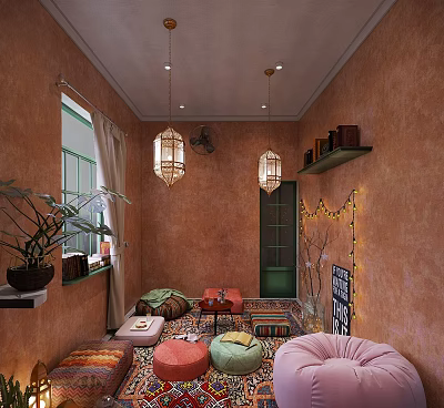 Cozy Relaxation Space With Terracotta Walls Green Window Hanging Lanterns And Colorful Floor Cushions 3d model