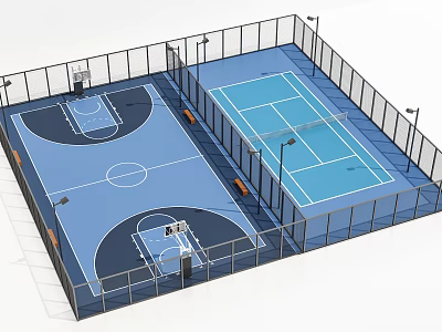 Outdoor Basketball Gym With Tennis Court Blue Flooring Fencing And Lighting Facilities 3d model