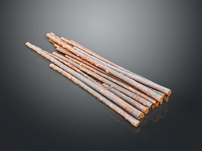 Natural Rustic Wooden Sticks With Textured Surface Stacked On Black Background 3d model