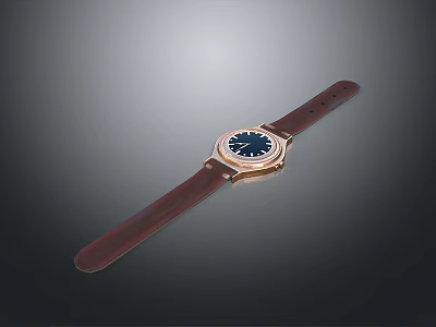Stylish Daily Use Watch With Brown Leather Strap Golden Case And Blue Dial 3d model