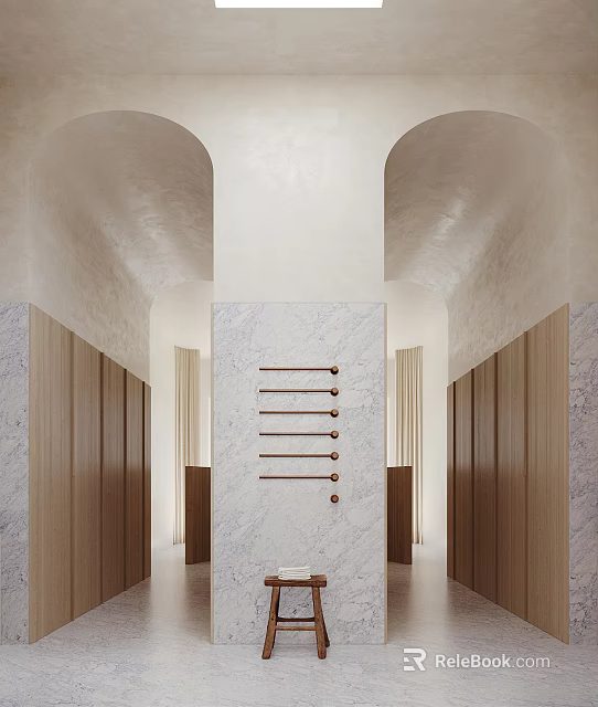 Luxurious SPA Sauna Interior With Wooden Lockers Marble Wall And Brass Hooks 3d model 