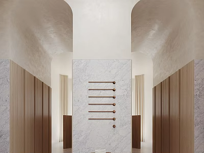 Luxurious SPA Sauna Interior With Wooden Lockers Marble Wall And Brass Hooks 3d model
