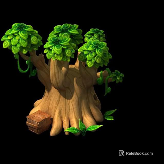 Lush Green Shrub with Curled Leaves and Wooden Trunk Near Small Box 3d model 