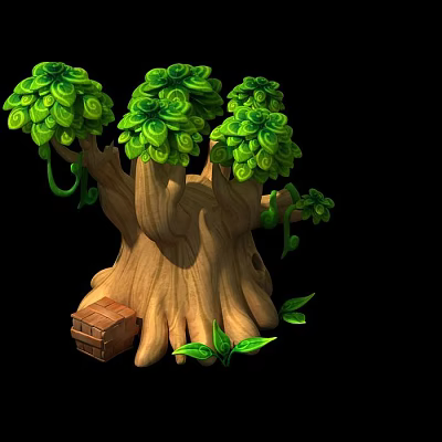 Lush Green Shrub with Curled Leaves and Wooden Trunk Near Small Box 3d model