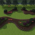 Courtyard Garden with Green Lawn Trimmed Shrubs Red Leaf Plum Yellow Boxwood and Purple Barberry