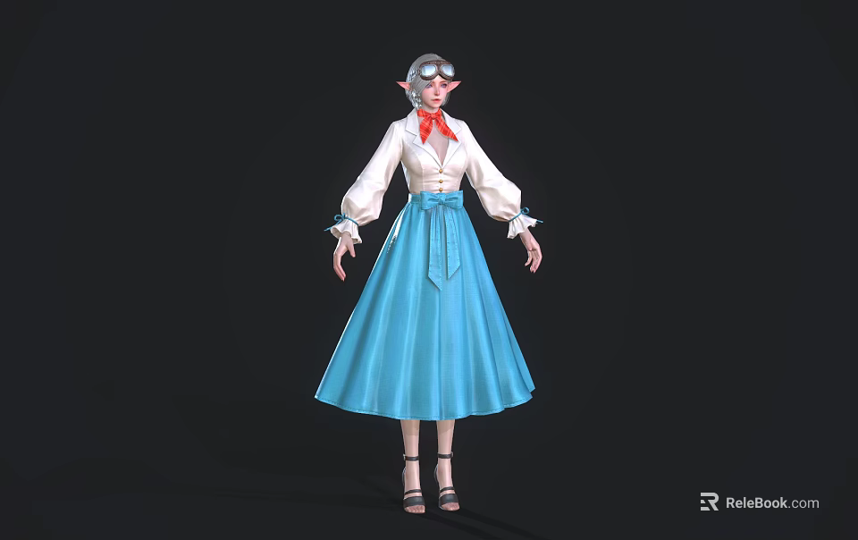Woman In White Blouse Red Scarf And Blue Long Skirt With Glasses And High Heels 3d model 