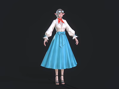 Woman In White Blouse Red Scarf And Blue Long Skirt With Glasses And High Heels 3d model