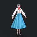 Woman In White Blouse Red Scarf And Blue Long Skirt With Glasses And High Heels