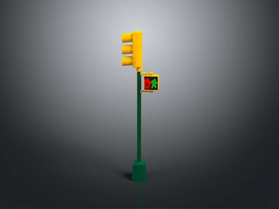 Yellow Traffic Light With Red Man Pedestrian Signal On Green Road Safety Pole 3d model