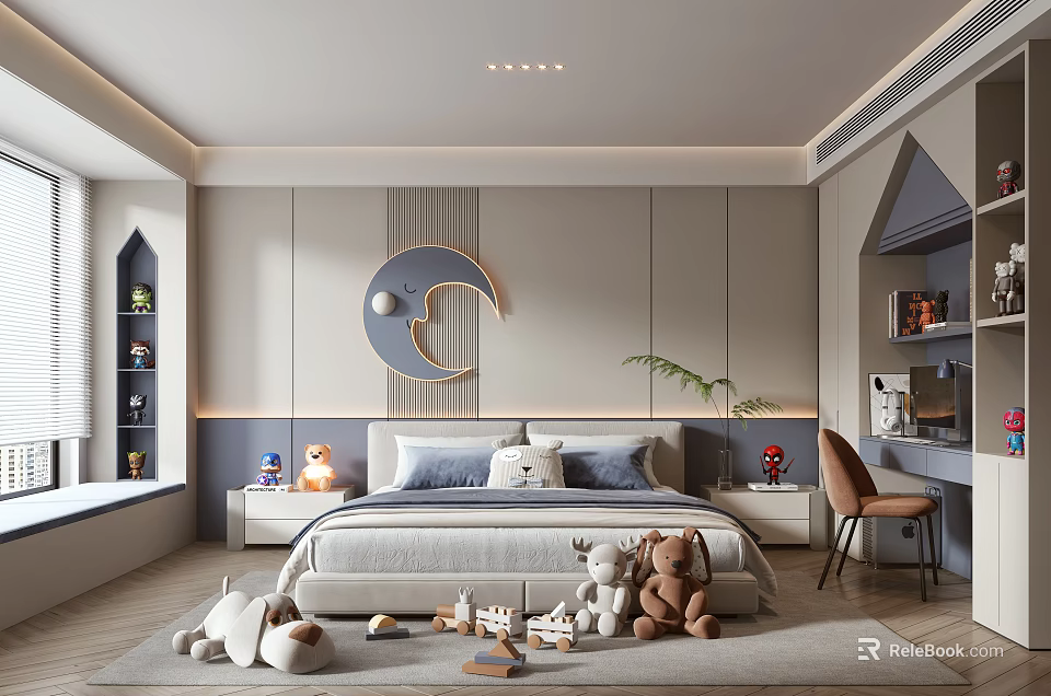 Modern Kids Room Interior With Bed Stuffed Toys Moon Decoration Bookshelf Desk Chair And Greenery 3d model 