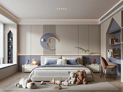Modern Kids Room Interior With Bed Stuffed Toys Moon Decoration Bookshelf Desk Chair And Greenery 3d model