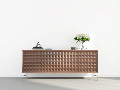 Modern Wooden Console Cabinet With Geometric Design Metal Legs And White Flower Decor 3d model