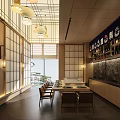 Japanese Restaurant Interior Design With Hanging Lanterns Bar Counter And Wooden Tables