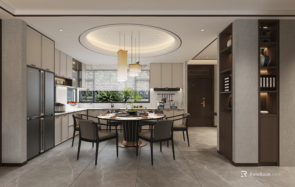 Modern Open Concept Dining Living Interior With Round Table Chairs Pendant Lights And Cabinets 3d model 
