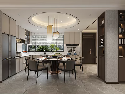 Modern Open Concept Dining Living Interior With Round Table Chairs Pendant Lights And Cabinets 3d model