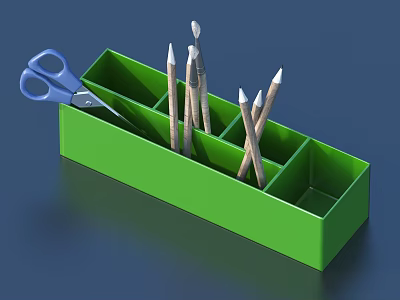 Pencils and Brushes in Green Pencil Case with Blue Scissors on Side 3d model