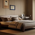 Modern Bedroom Interior With Wooden Bed Nightstand Table Lamp Wall Art And Curtains
