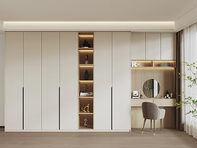 Modern White Wardrobe With LED Lighted Open Shelves And Dressing Table Chair 3d model