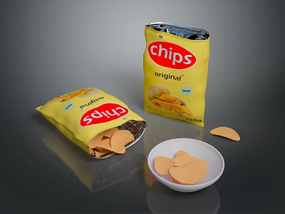 Original Chips Open Bag With Scattered Pieces And Small Bowl Of Snacks 3d model
