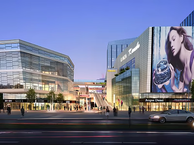 Modern Commercial Complex With Glass Facade Large Digital Screen Urban Plaza Pedestrians And Vehicles 3d model