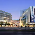 Modern Commercial Complex With Glass Facade Large Digital Screen Urban Plaza Pedestrians And Vehicles