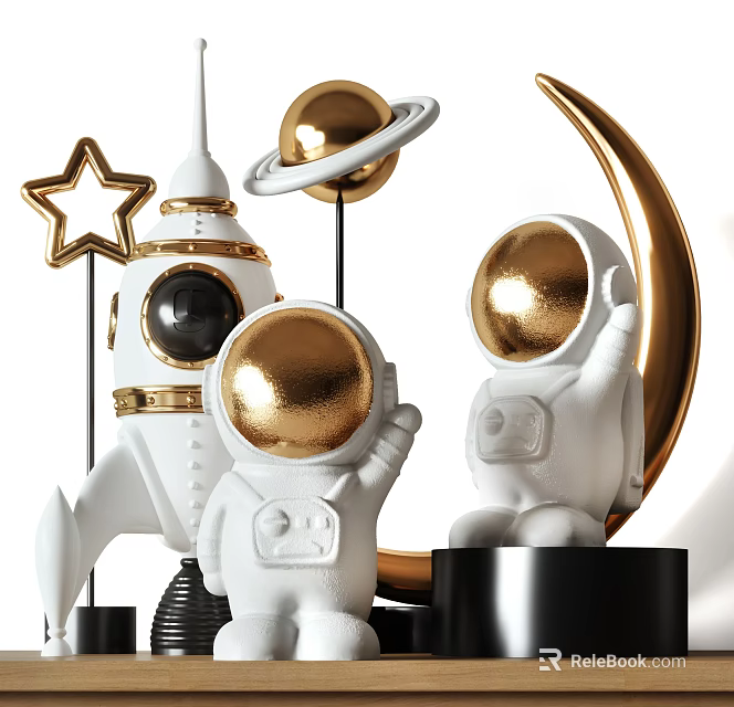 Modern Decorative Ornament Set With White Gold Astronaut Rocket Star Moon 3d model 