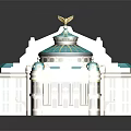 Cartoon Style Classical Building With Blue Roof Golden Dome And White Facade