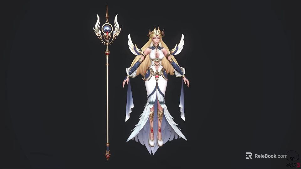 Divine Female Character With Golden Crown Wings Magic Staff And White Dress 3d model 