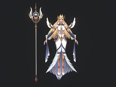Divine Female Character With Golden Crown Wings Magic Staff And White Dress 3d model