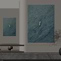 Textured Blue Green Abstract Paintings in Modern Interior with Minimalist Decor Elements 3d model