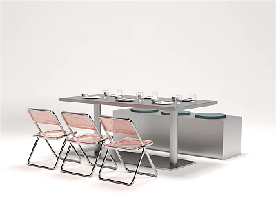 Modern Minimalist Dining Table Set With Transparent Pink Chairs And Metal Frame 3d model