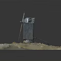 Detailed Windmill Model With Wooden Structure On Square Base And Grass Stones