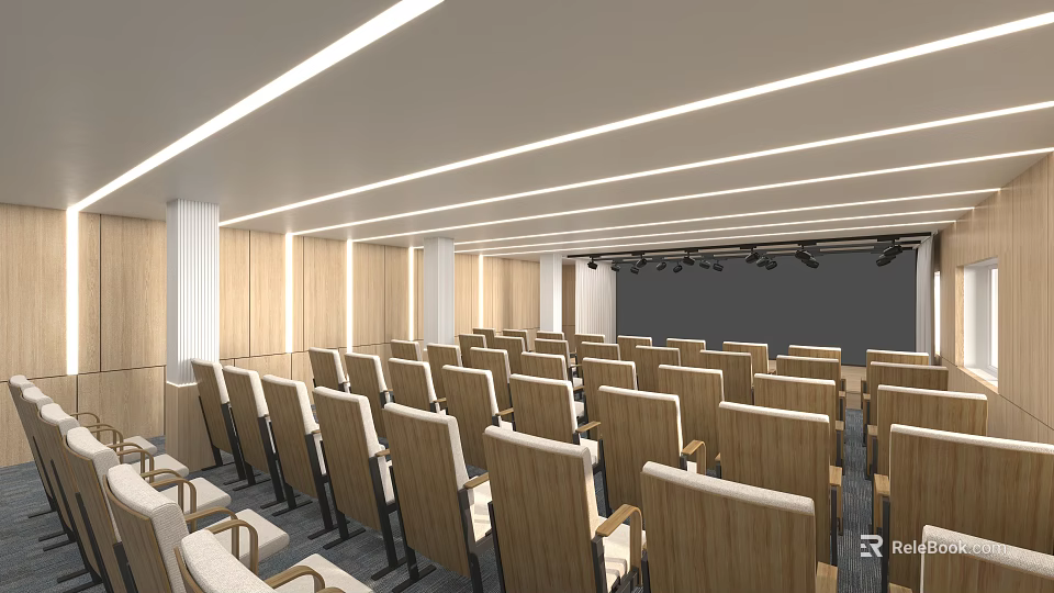 Spacious Conference Hall Interior With Rows Of Wooden Chairs And Ceiling Lights 3d model 
