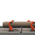 Automated Industrial Equipment With Orange Robotic Arms Handling Large Pipes On Conveyor Belts