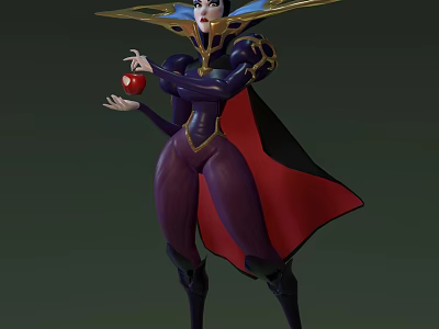 Evil Queen Character In Purple Bodysuit With Red Cape And Golden Decorations Holding Red Apple 3d model