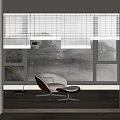 Window Blinds In Modern Room Interior With White Chair Floor Lamp And Trees Outside
