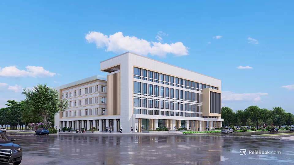Modern Office Building Featuring Large Glass Windows Clean Exterior Green Trees And Clear Blue Sky 3d model 