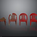 Set of Four Red Plastic Chairs With One Damaged On Reflective Dark Background