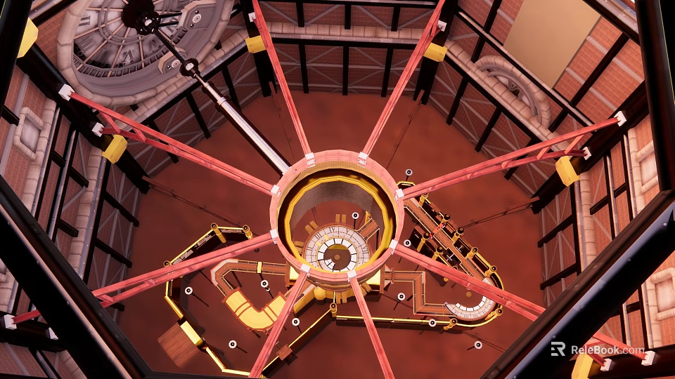 Large Mechanical Clock Interior With Red Metal Supports And Circular Dial Components 3d model 