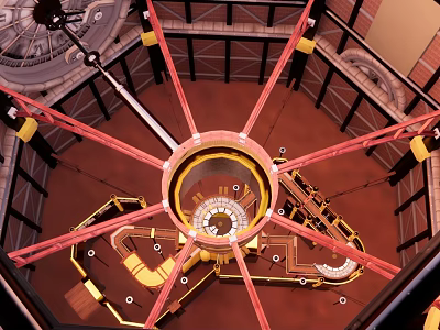 Large Mechanical Clock Interior With Red Metal Supports And Circular Dial Components 3d model