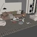 Modern Living Room Sofa Coffee Table Set with Pillows Throw Blanket Potted Plant and Armchair