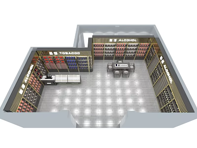 Tobacco and Liquor Store Interior Layout With Shelves Counter And Displayed Products 3d model