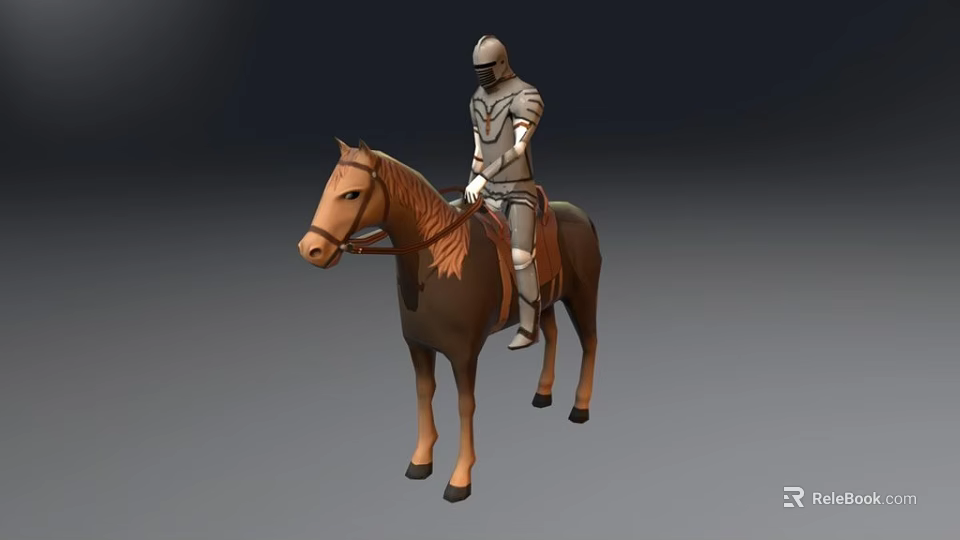 Detailed Fantasy Game Knight Character in Full Armor Riding Brown Horse 3d model 