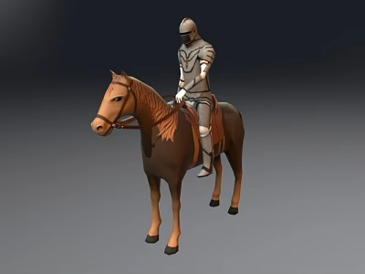 Detailed Fantasy Game Knight Character in Full Armor Riding Brown Horse 3d model