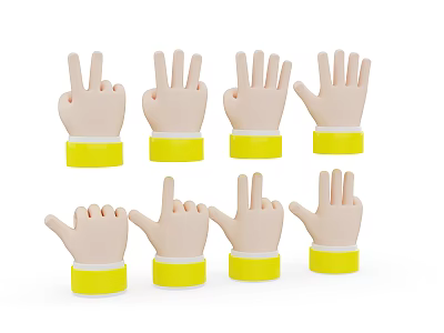 Man Displaying Multiple Gesture Hand Models with Yellow Wristbands and Various Signs 3d model